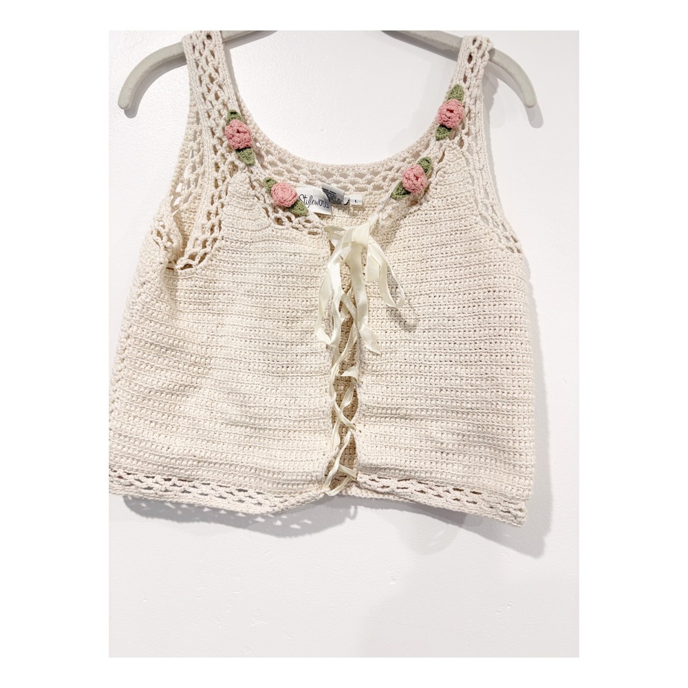 Styleworks Vintage Crochet Lace Up Tank Top Cream Floral Rose Applique Large‎